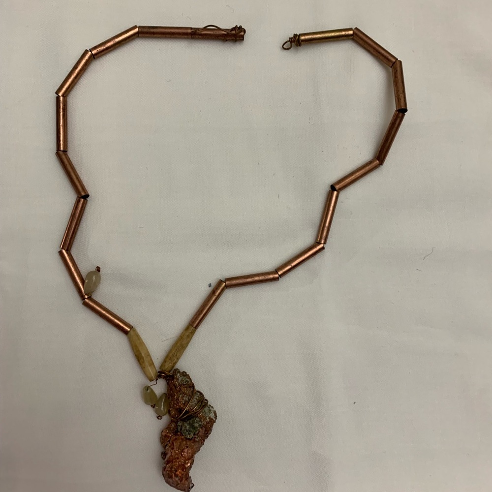 Copper Tube Necklace with Rustic Stone Pendant